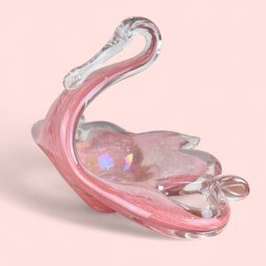 Vintage pink art glass swan figurine, candy dish mid-century modern trinket dish